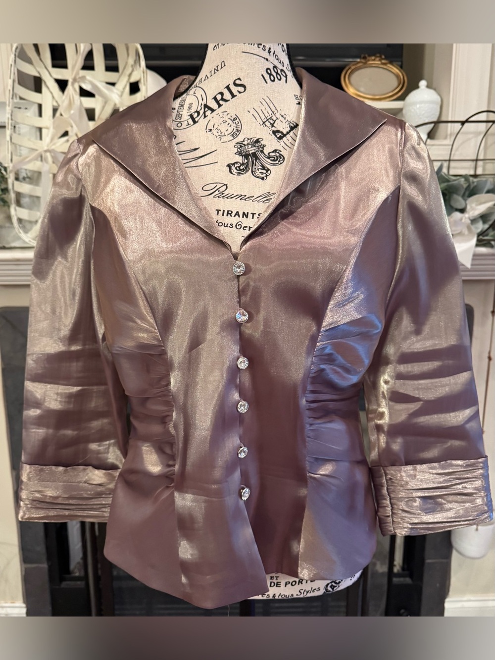 Joseph Ribkoff Metallic Ruched Rhinestone Button Shimmer Blazer Sz 10 Y2K VTG